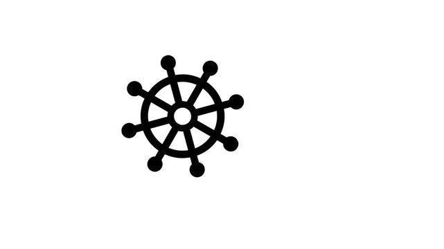 Black and white Dharma wheel symbol on a clean white background representing Buddhist teachings and the path to enlightenment.