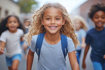 Fototapeta premium A joyful group of children running towards the camera, showcasing happiness and energy, with a focus on a girl with curly hair and a backpack.