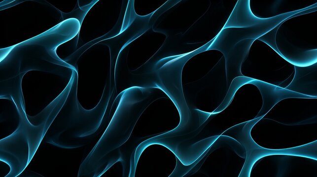 Seamless abstract texture of flowing blue, cyan, and turquoise lines on black background with soft glow and smooth gradients, futuristic techno-organic style for 3D shaders.
