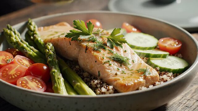 Close up of a colorful and healthy salmon bowl with asparagus tomatoes and cucumber