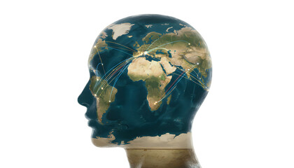 Global human mind intricately connected to a vast digital network, visualizing worldwide communication, intelligence, and technological advancement