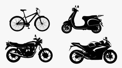 Obraz premium Silhouette Collection: Bicycle, Scooter, Motorcycle, Sportbike on White Background