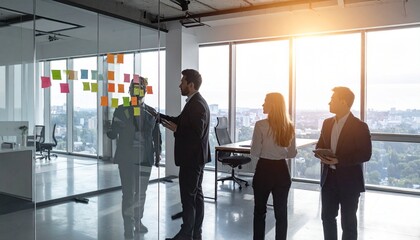 Fototapeta premium Business Professionals in Collaborative Session: A sophisticated team of business professionals brainstorms ideas and strategies within a modern office setting.