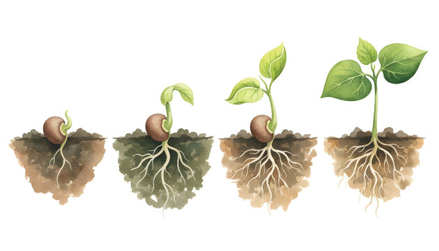 Watercolor illustration of plant growth from seed to sprout, showing roots and green leaves, representing natural life cycle and botanical development