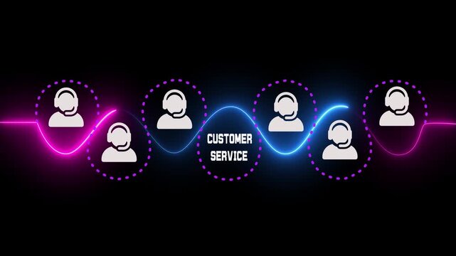  Modern customer service and technical support infographic with headset icons and vibrant neon communication wave.