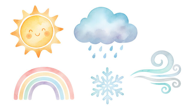 Vibrant watercolor collection of weather elements happy sun, rain cloud, rainbow, snowflake, and wind, perfect for educational and kids' designs
