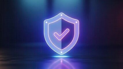 Glowing neon shield with checkmark signifying robust digital security and online data protection