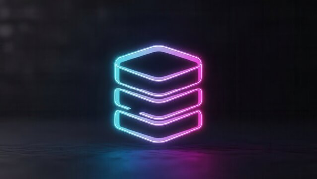 Vibrant neon stack icon symbolizing layered digital information or server architecture