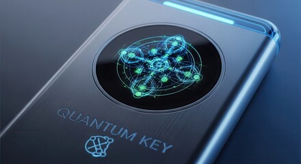 Sleek metallic electronic device displays intricate glowing schematic symbol on illuminated screen