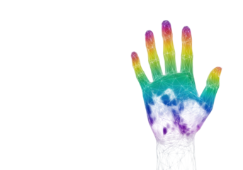 hyper-detailed 3d conceptual human hand, mapped with vibrant thermal spectral colors and fine white polygonal wireframe mesh against a deep charcoal background. concept of artificial intelligence and