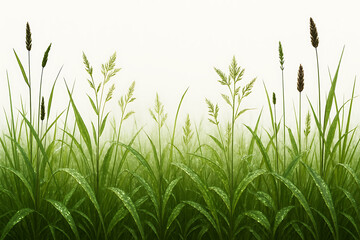 Obraz premium Lush Green Grass Field with Delicate Seed Heads on White Background.