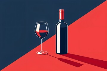 Vector Illustration of Red Wine Bottle and Glass on Table in Vintage Elegant Minimal Style