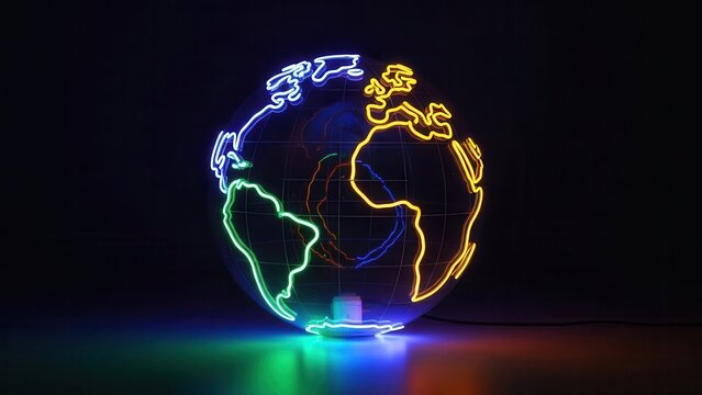 Glowing multicolored neon lines forming world map continents on a transparent sphere representing