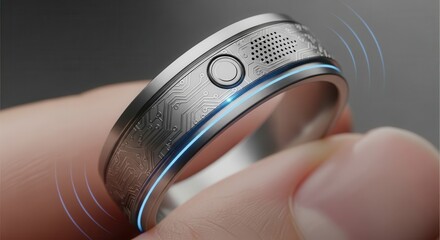 Advanced electronic wearable ring features intricate circuitry detailing and illuminated accent