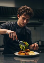 Male Professional Chef Plating Healthy Gourmet Meal with Croquettes and Fresh Salad in Kitchen