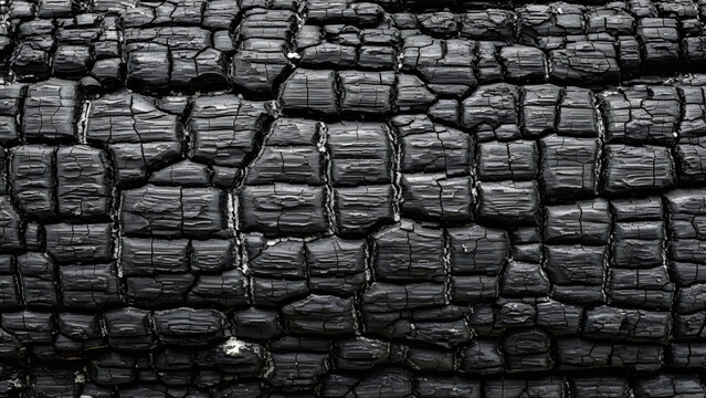 Close up of charred wood texture after fire.