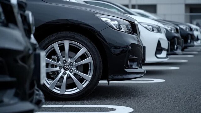 New car row in parking lot.