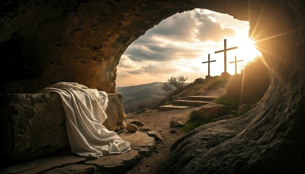 Empty tomb with sunrise and crosses