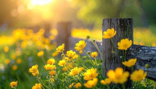 Golden hour sunlight illuminates a vibrant field of yellow buttercup flowers next to a rustic wooden fence post in a serene natural landscape.
