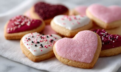 a valentine's day-themed photo of heart-shaped sugar cookies with icing and sprinkles, arranged in an aesthetically pleasing pattern on a table