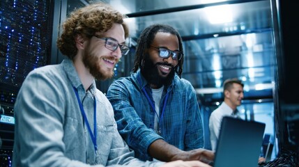 Two men work collaboratively on a laptop in a server room, surrounded by data servers, showcasing teamwork in a tech environment.