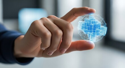 Human fingers delicately manipulate a glowing, complex three dimensional digital structure.