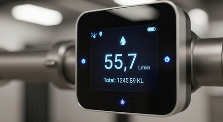 Modern digital flow meter displays usage data attached to metal piping