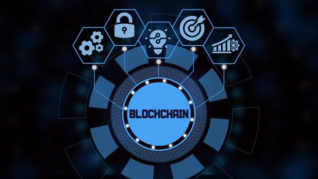 Blockchain technology icon and decentralized crypto network concept with secure digital transaction ledger and cryptocurrency finance security.
