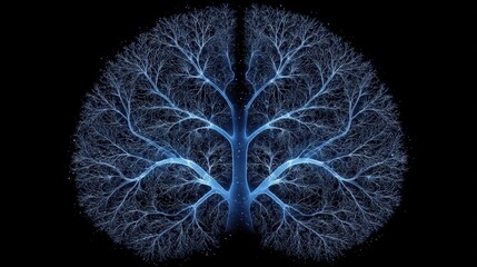 Blue-Glowing Brain with Intricate Tree-Like Structure and Black Background for Creative Artistic Representations