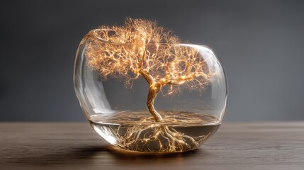 Ethereal glowing tree inside a glass bowl with water creating a magical and serene atmosphere for tranquil moments