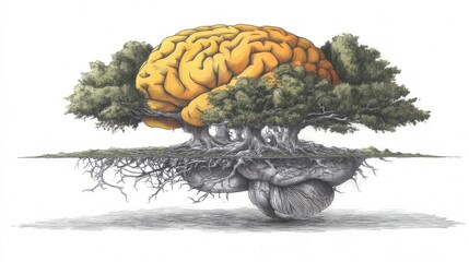 Surreal Illustration of a Brain Integrated with Tree Roots and Foliage Depicting Nature and Human Mind Connection