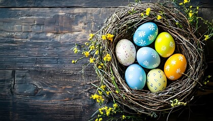 Colorful easter eggs in a rustic nest