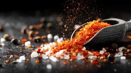 Vibrant Spices and Sea Salt Spilled from a Wooden Scoop on Dark Background, Creating a Flavorful Culinary Scene