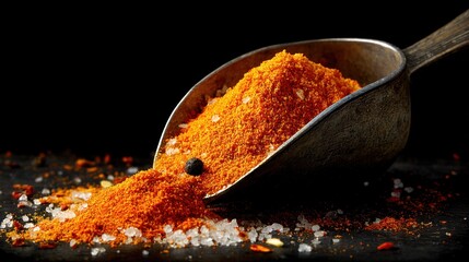 Vibrant Spice Powder in Metal Scoop with Sea Salt on Dark Surface for Culinary and Cooking Themes