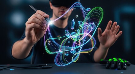 Individual manipulates glowing three dimensional light sculpture using a digital stylus in augmented reality