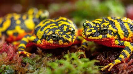Close-Up View of Colorful Frogs on Lush Green Moss with Intricate Patterns and Vibrant Colors in Nature