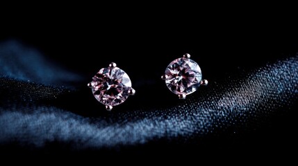 Elegant and Radiant Pink Diamond Stud Earrings Isolated on a Dark Fabric Background, Ideal for Jewelry or Fashion Themes