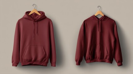 Stylish Maroon Hoodies on Wooden Hangers Against Simple Background for Fashion and Apparel Inspiration