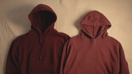 Two Hooded Sweatshirts Displayed on a Neutral Background Showcasing Different Sizes and Textures in Rich Burgundy Tones