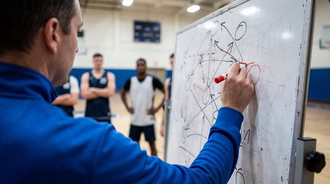 Basketball Coach Strategizing with Team on Whiteboard During Practice.