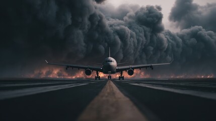 Dramatic Arrival of Airplane Amidst Dark Smoke and Flames on Runway During Ominous Weather Conditions