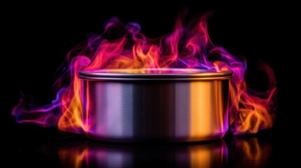 Metallic Cooking Pot Surrounded by Colorful Flames Creating a Culinary Atmosphere with Vibrant Colors and Energy