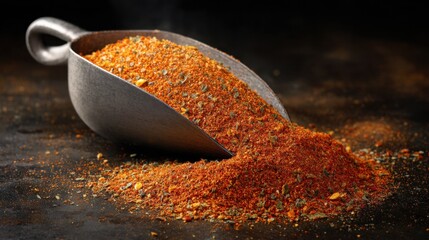 Vibrant Red Spice Blend in a Metal Scoop with Dramatic Lighting on a Dark Background