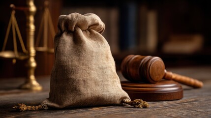 Brown fabric bag with scales of justice and gavel on wooden desk in law office setting, legal concept image