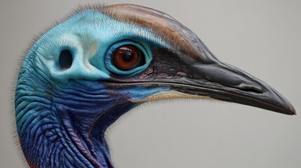 Close-up of a Colorful and Unique Bird with Vibrant Feathers and Distinctive Beak Against a Neutral Background