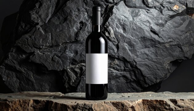 Red wine bottle mockup with blank label on dark rock background