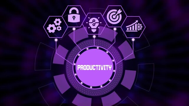  Workplace productivity and time management concept with icons for efficient task execution and corporate workflow optimization.