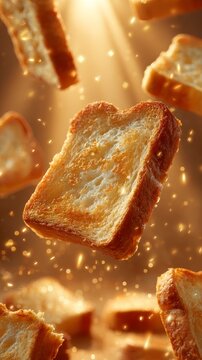 Golden sun rays illuminating fresh crispy toasted bread with appetizing texture, crumbs floating in different perspectives, close-up of realistic breakfast scene with warm lighting.