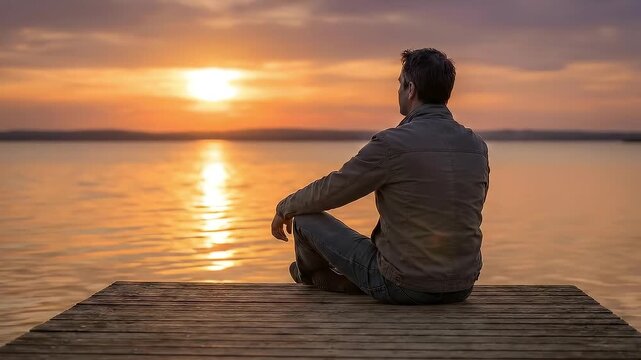 Man Sitting by a Lake at Sunset Reflecting Quietly for Emotional Calm and Mental Closure