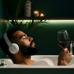 Young Man Relaxing in Bubble Bath with Headphones and Red Wine Glass in Moody Spa Atmosphere